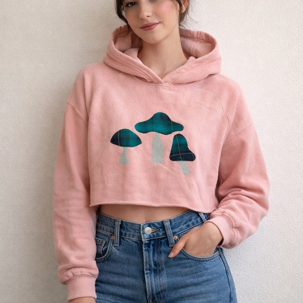 Custom Upcycle Mushroom Patch Hoodie Reworked Patchwork cropped sweatshirt Sz M